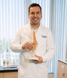 Dr. Gonzalo Rojas, traumatólogo especialista en rodilla, con un modelo anatómico de la rodilla